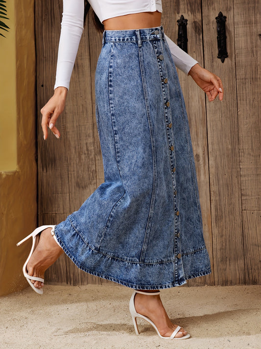 Vintage Washed Denim Maxi Circle Skirt - A-Line Single-Breasted Button Front, Frayed Hem, Non-Stretch, Solid Color, Woven, Casual Retro Style Jean Skirt for Summer - Customized, No Printing, No Sheer