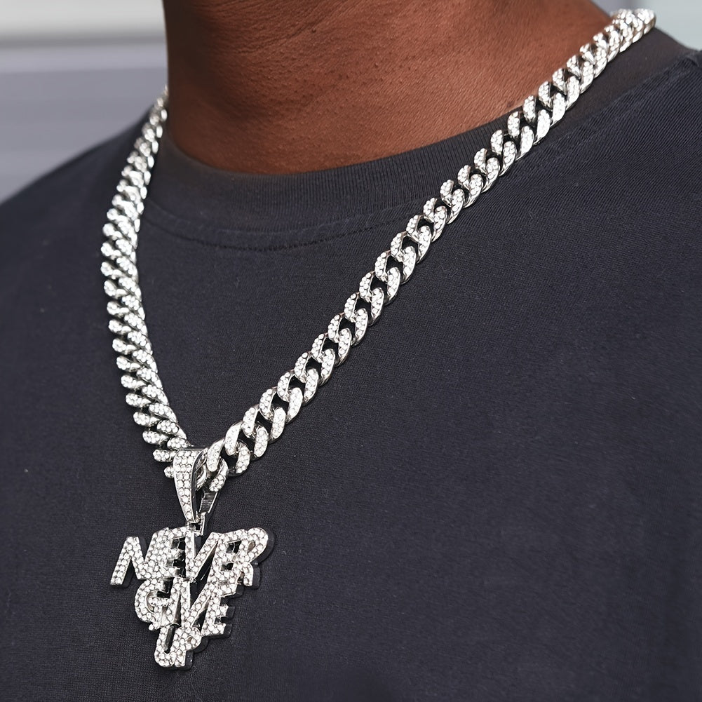 Glittering NEVERGIVEUP Pendant Necklace with Icy Cuban Chain - Trend-Setting Hip Hop Choker for Bold Men and Women