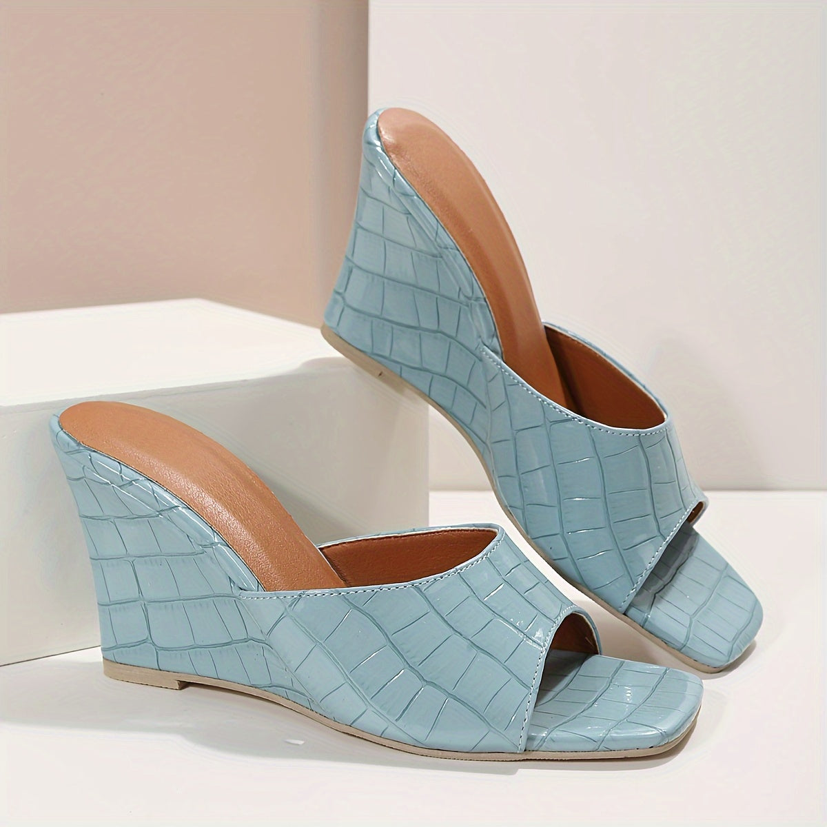 Chic Square Toe Wedge Sandals - Seamless Slip-On High Heels in Solid Colors - Trendy Fashion Slides for Evening Out