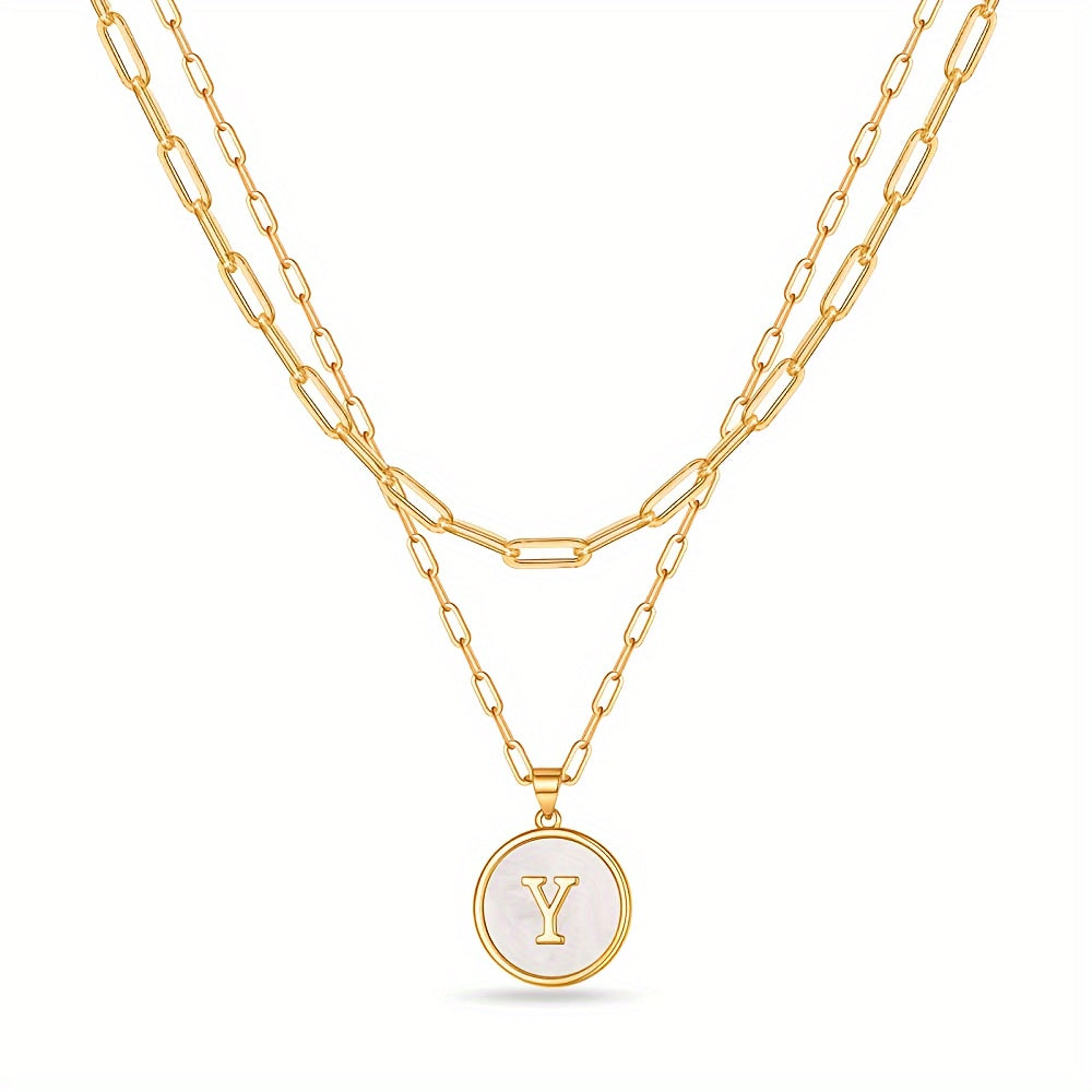 Chic Double-Layered Gold Initial Necklaces - Paperclip Chain with Round Shaped Letter Pendants - Elegant Accessory for Every Occasion