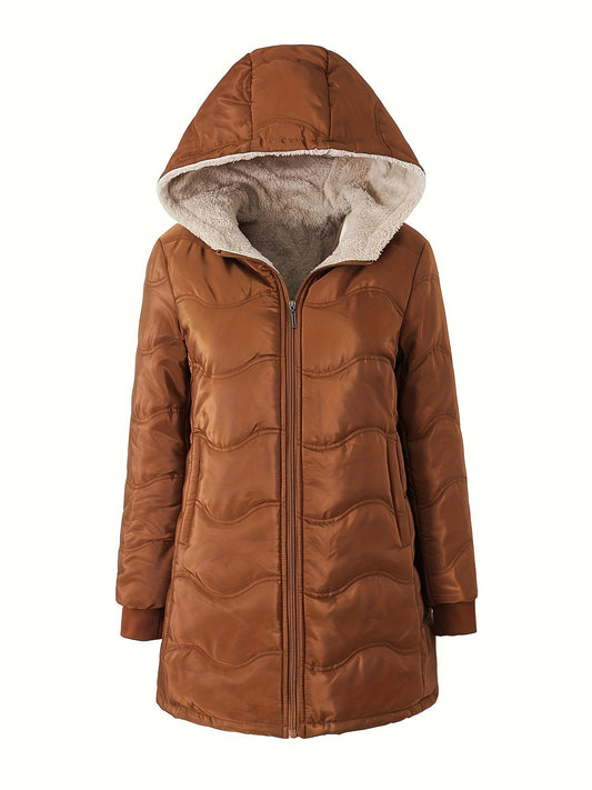 Winter Warmth Quilted Down Jacket - Cotton-Padded Jacket Coat with Full Zip, Long Sleeve, Hooded, Dual Pockets, Solid Color, Casual Style for Women - Perfect for Cold Weather