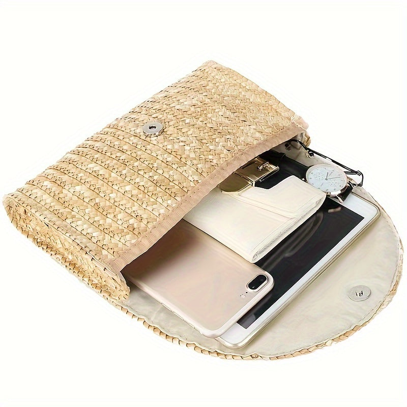 Classic Solid Color Woven Straw Clutch Purse For Women, Envelope Style Flap Coin Purse For Women