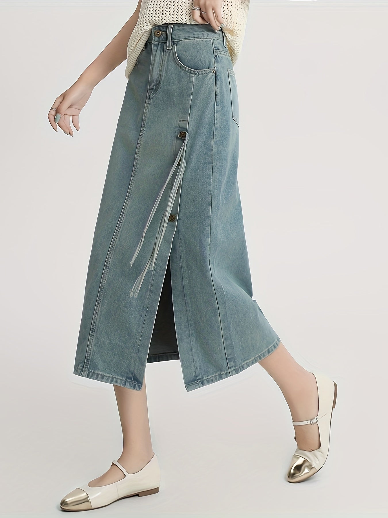 Womens High-Waisted Elegant Denim Midi Skirt - Versatile Summer Skirt with Side Slit, Buttons, Tassel Detail, and Classic Portrait Pattern - Non-Stretch, Woven, and Perfect for Spring, Summer, and Fall Seasons