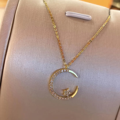 Star Moon Super Sparkle Exquisite Dainty Zircon Ramadan Pendant Necklace, Minimalist Elegant Lovely Versatile Daily Wear Clavicle Chain Jewelry