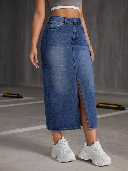 Womens Fashionable Blue Denim Skirt - Timeless Plain Washed Effect, Flattering Slit Hem Design, Midi Length for Versatility, Made from Comfortable Casual Jean Material - Designed for the Modern Woman, Inspired by Street Style Fashion