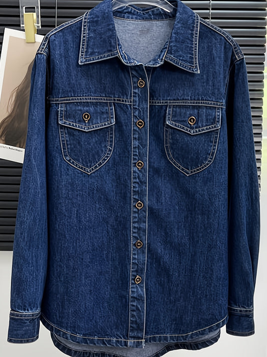 Dark Washed Blue Denim Shirt - Classic Single-Breasted Design, Timeless Plain Style, Elegant Lapel Collar, Comfortable Long Sleeve, Perfect for Casual Occasions - Womens Denim Jeans and Clothing Essential