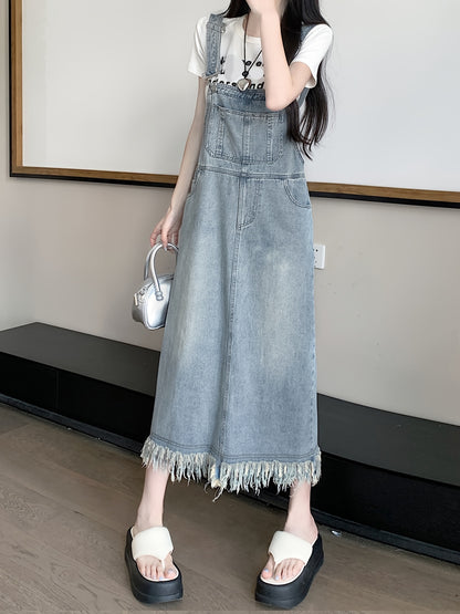 Raw Trim Washed Denim Overall Dress, Non-Stretch Casual Denim Dress, Women's Denim Clothing