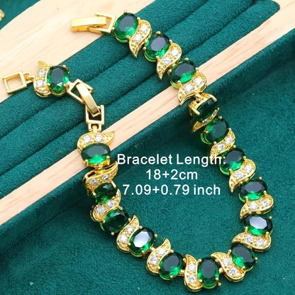 Stud Earrings + Ring + Necklace + Bracelet Elegant Jewelry Set 18k Gold Plated Inlaid Emerald Stone Wedding Jewelry Gifts For Eid