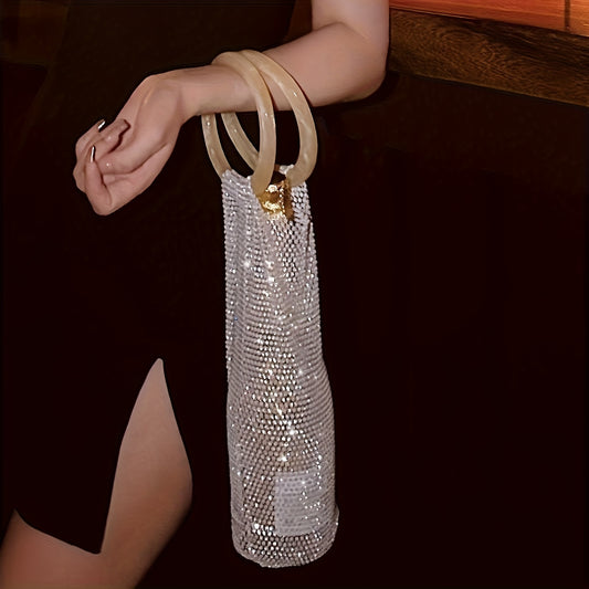 Shiny Rhinestones Wine Bag, Elastic Mesh Round Handle Evening Purse, Sparkly Beautiful Handbag For Wedding Party Prom Banquet - Perfect for Carnival Mardi Gras Music Festival