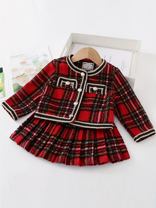 2PCS Plaid Button Front Jacket + Pleated Skirt Set Kids Outdoor Clothes For Girls Spring Fall Christmas Gift