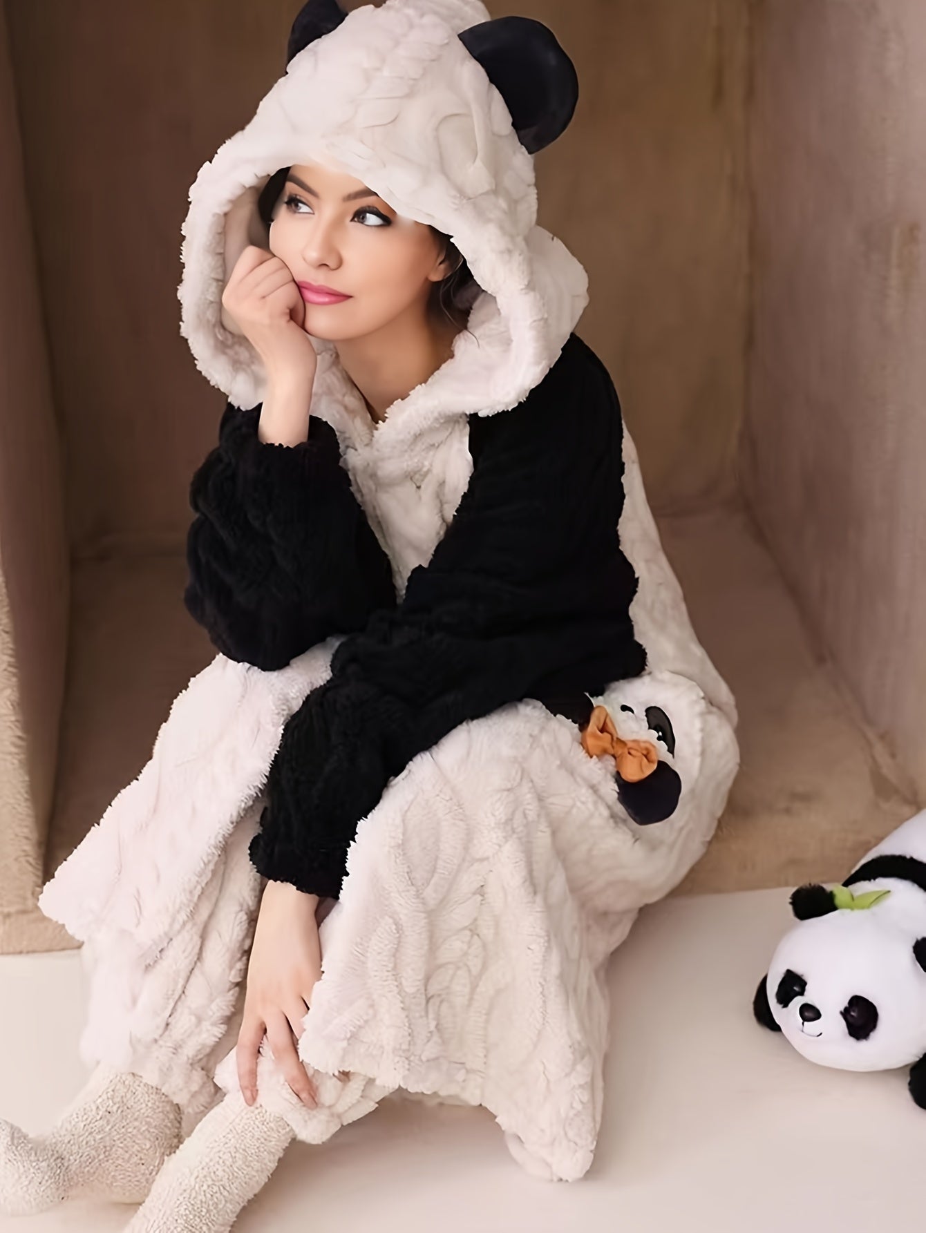 Cute Cartoon Panda Fleece Thickened Jacquard Night Robe For Fall & Winter, Raglan Sleeve Hooded Loose Fit Robe With Pockets, Women's Sleepwear & Dresses