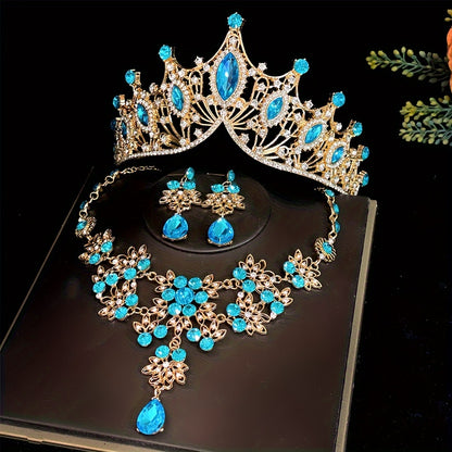 Radiant Sparkle Jewelry Set - Luxurious 18k Gold Plated Dangle Earrings, Necklace & Crown - Hand-Crafted Rhinestones, Choose Your Perfect Color - Ideal for Wedding & Glamorous Events