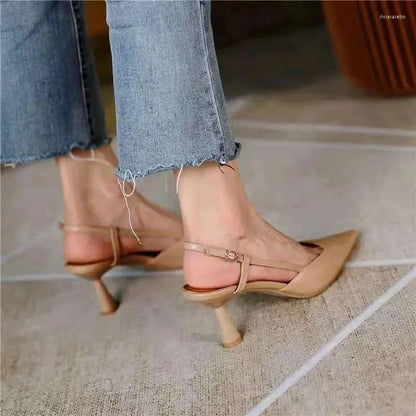 Dress Shoes  Summer Fashion Ladies Pointed Toe Sandals Retro Apricot Baotou Stiletto Buckle Strap High Heels