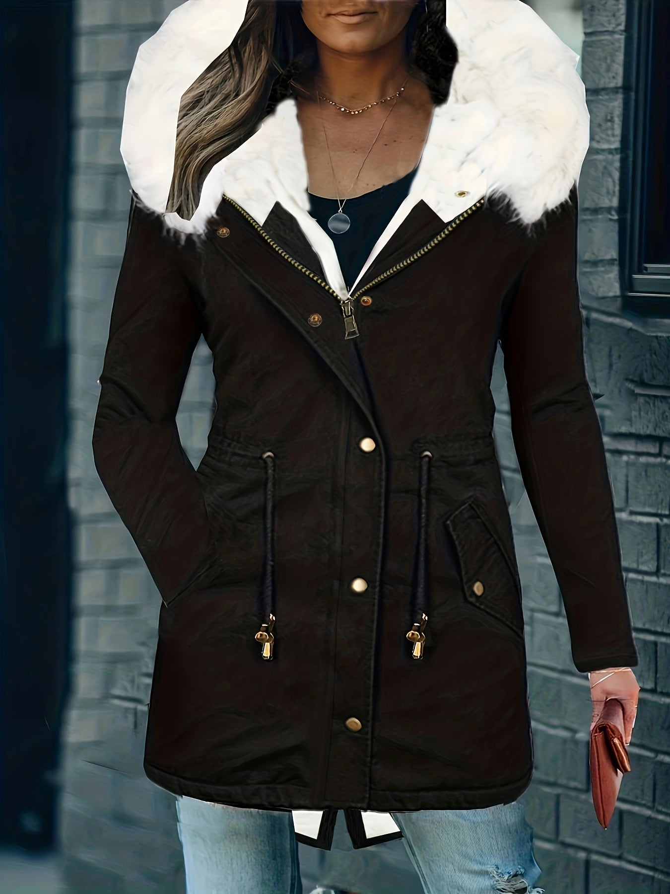 Womens Chic Thermal Parka Coat with Faux Fur Hood - Zip & Button Closure, Front Pockets, Ideal for Cold Weather