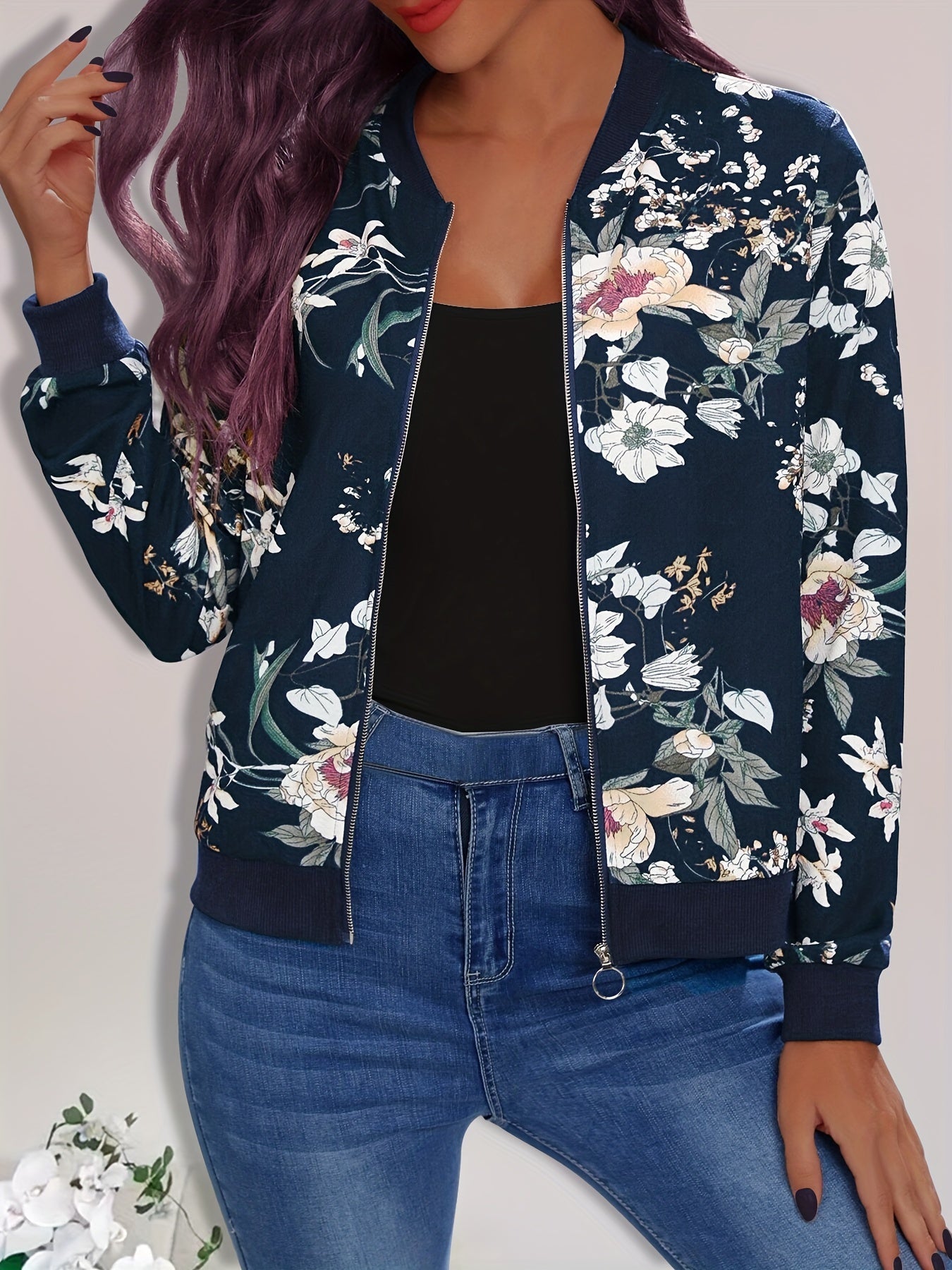 Stylish Women's Floral Print Bomber Jacket - Casual Zip Up Long Sleeve Outerwear for Everyday Wear