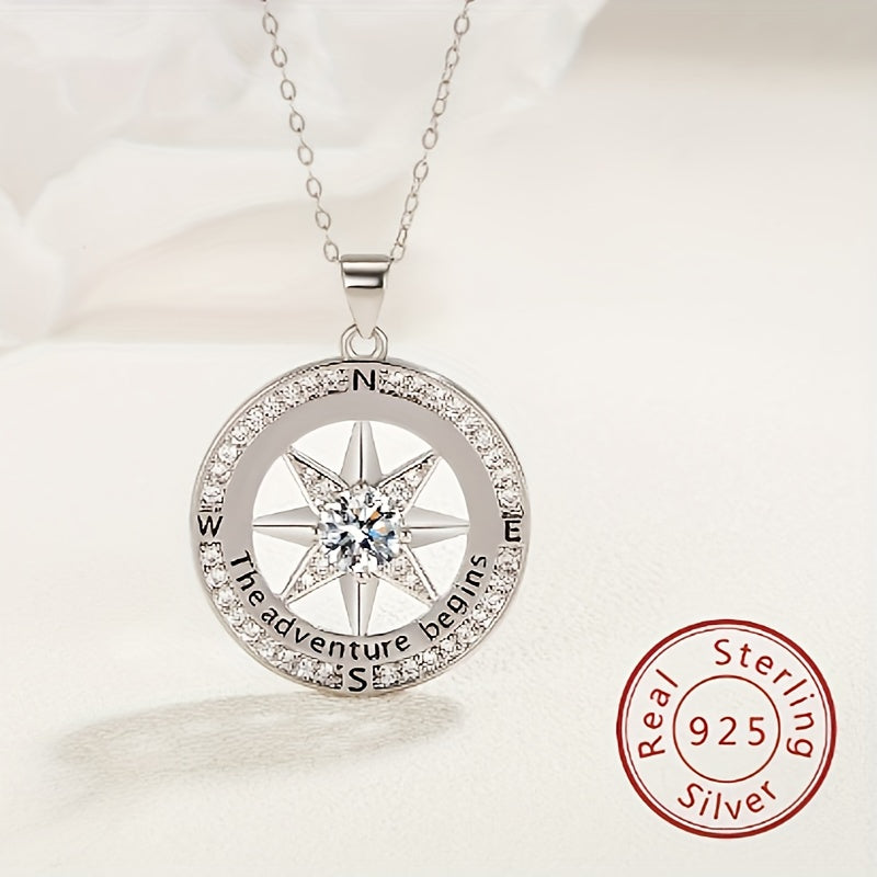 925 Sterling Silver Compass Necklace With Zircon Decor, Luxury Round Charm Jewelry Gifts For Women With Gift Box