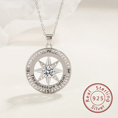 925 Sterling Silver Compass Necklace With Zircon Decor, Luxury Round Charm Jewelry Gifts For Women With Gift Box