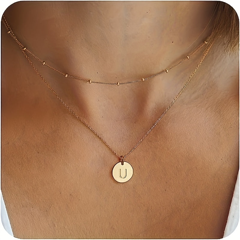 Chic Personalized Initial Necklace - Delicate 14K Gold-Plated Layered Design - Perfect English Letter Charm for Women