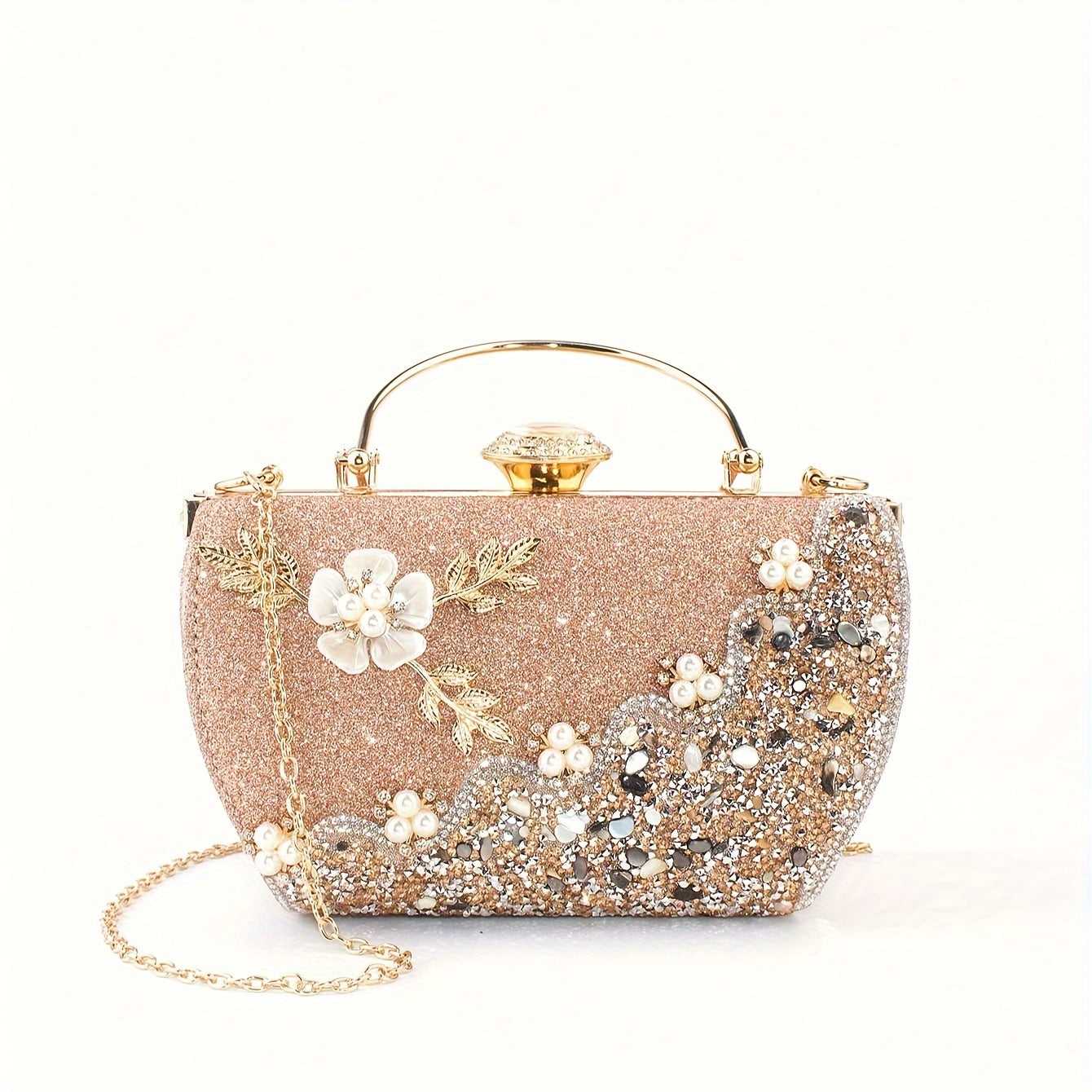 Faux Pearl Rhinestone Floral Evening Bag, Elegant & Charming Dress Clutch Purse, Women's Fashionable Handbag For Wedding Party Prom