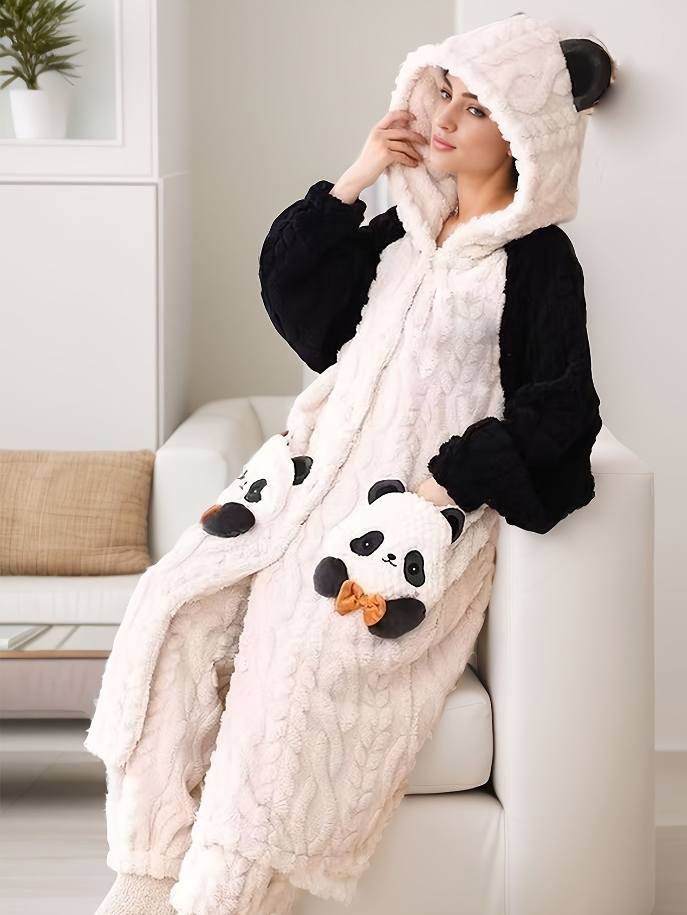 Cute Cartoon Panda Fleece Thickened Jacquard Night Robe For Fall & Winter, Raglan Sleeve Hooded Loose Fit Robe With Pockets, Women's Sleepwear & Dresses