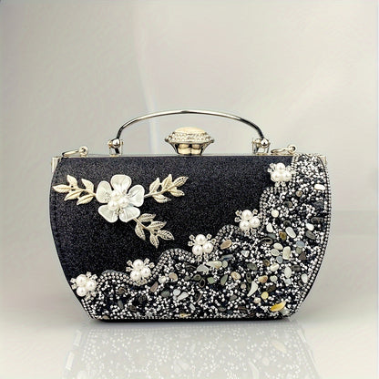 Faux Pearl Rhinestone Floral Evening Bag, Elegant & Charming Dress Clutch Purse, Women's Fashionable Handbag For Wedding Party Prom