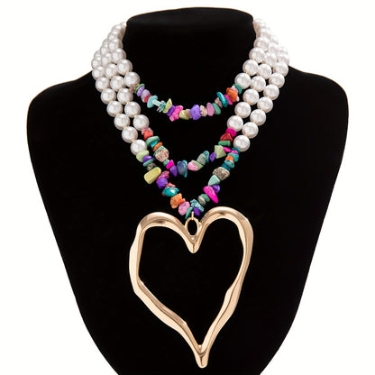 1pc Multilayer Exaggerated Holiday Style Imitation Pearl Peach Heart Charm Necklace Colorful Pine Stone CCB Necklace Charm Multilayer Necklace Gift