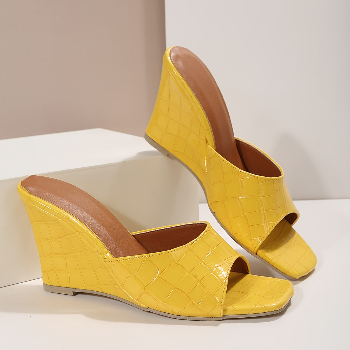 Chic Square Toe Wedge Sandals - Seamless Slip-On High Heels in Solid Colors - Trendy Fashion Slides for Evening Out