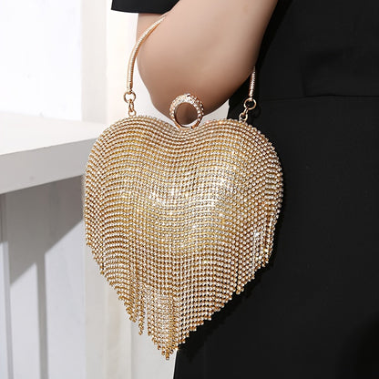 Rhinestone Fringed Heart Shaped Evening Bag, Luxury Shiny Tassel Handbag, Women's Dress Purse For Wedding Party Prom Banquet