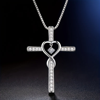 2PCS 925 Sterling Silver Women's Chain Necklace With Cross Pendant, Hypoallergenic Necklace Gift Fashion Cross Religious Belief Inlaid Zircon Pendant