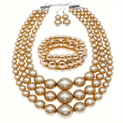 3-Piece Bohemian Faux Pearl Jewelry Set - Exquisite Multi-Layer Design with Stunning Necklace, Dainty Bracelet, and Elegant Earrings - Luxurious, Vintage-Inspired, and Perfect as a Festive Gift Set