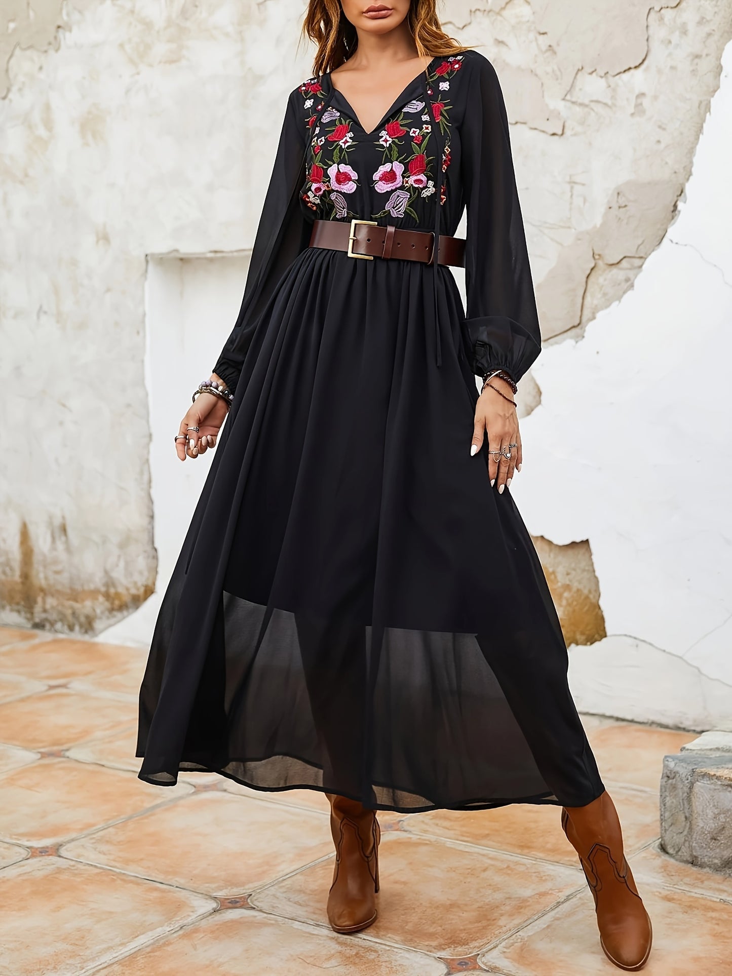 Feminine Floral Embroidered V Neck Dress - Long Sleeve Chiffon Midi for Women - Tied Detail, Flowy & Casual Style