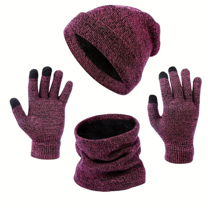 3pcs/set Thickened Warm Fleece Lined Hat Gloves Infinity Scarf Set Autumn Winter Unisex Warm Coldproof Sports Knit Beanie Cap Touchscreen Gloves Neck Gaiter 3-piece Set