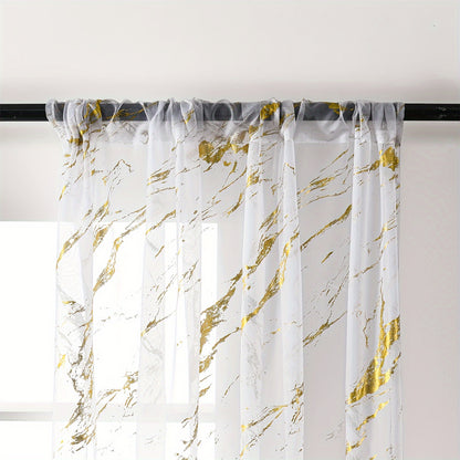 2pcs Golden Marble Printed Semi Blackout Sheer Curtains For Living Room & Bedroom Office Window Decoration Home Decor