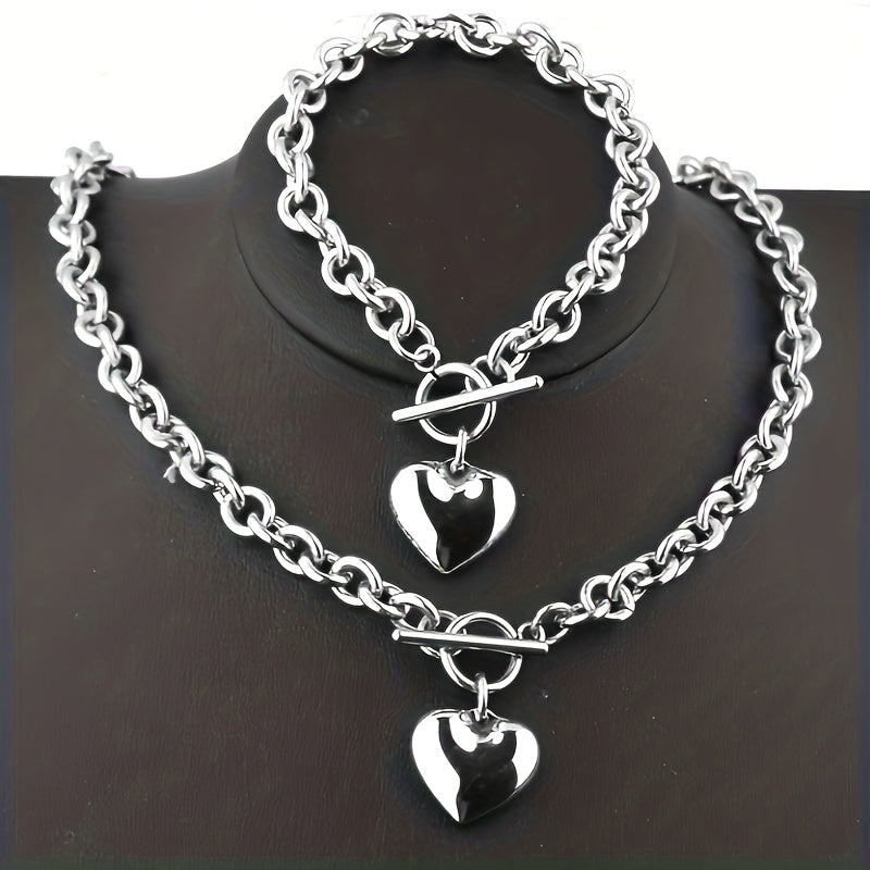 2pcs/set Exquisite Titanium Steel Peach Heart Shaped Necklace and O-Chain Bracelet Set for Men and Women - Silver Plated, Copper Material, Party Style, Ideal Fathers Day Gift or Romantic Present