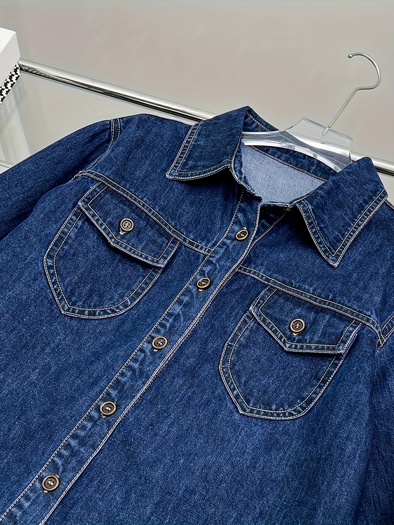 Dark Washed Blue Denim Shirt - Classic Single-Breasted Design, Timeless Plain Style, Elegant Lapel Collar, Comfortable Long Sleeve, Perfect for Casual Occasions - Womens Denim Jeans and Clothing Essential