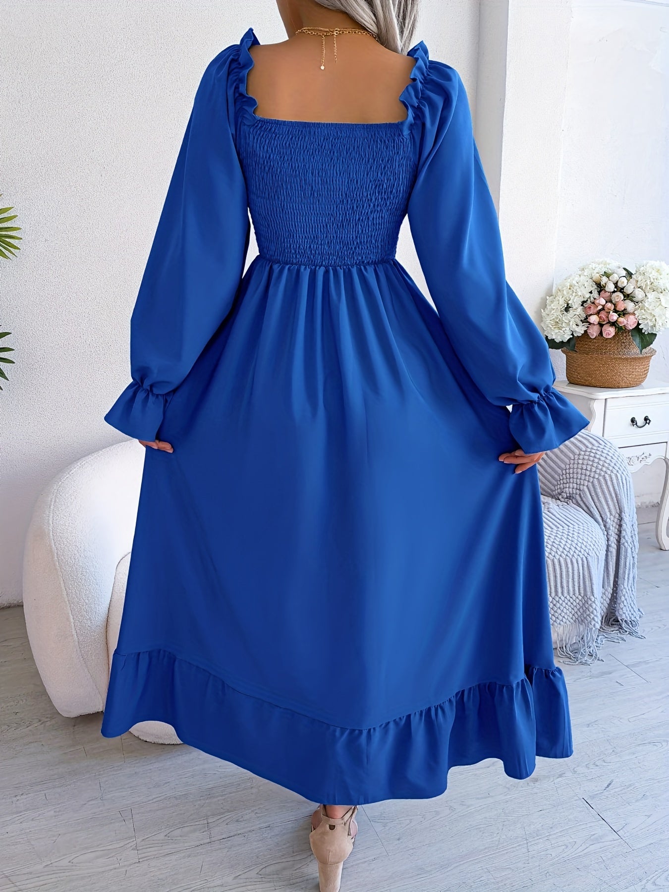 Bold Solid Squared Neck Lantern Sleeve Maxi Dress - Fashionable High Waist, Backless & Ruffled Hem - Alluring Casual Style for Women - Long, Flowing & Versatile