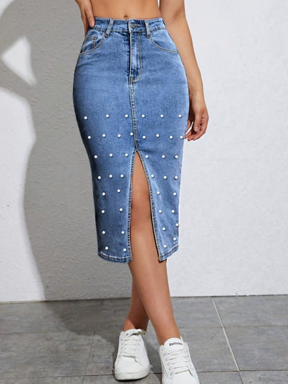 Knee-High Medium Stretch Denim Bodycon Midi Skirt with Pearl Embellishment - Street Style Stretchy Pencil Wrap Design, Machine Washable, Solid Color, Regular Fit - Perfect for Spring, Summer, and Fall Seasons