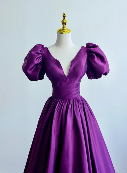 LOVECCRPurple Satin A-line Short Sleeves Long Formal Dress, Purple Evening Dress Prom Dress