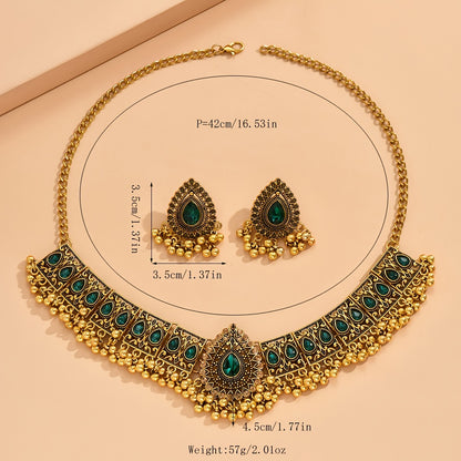 1 Pair Elegant Bollywood-Style Earrings & 1 Necklace Set - Vintage Charm with Inlaid Gemstones for Daily Wear & Parties