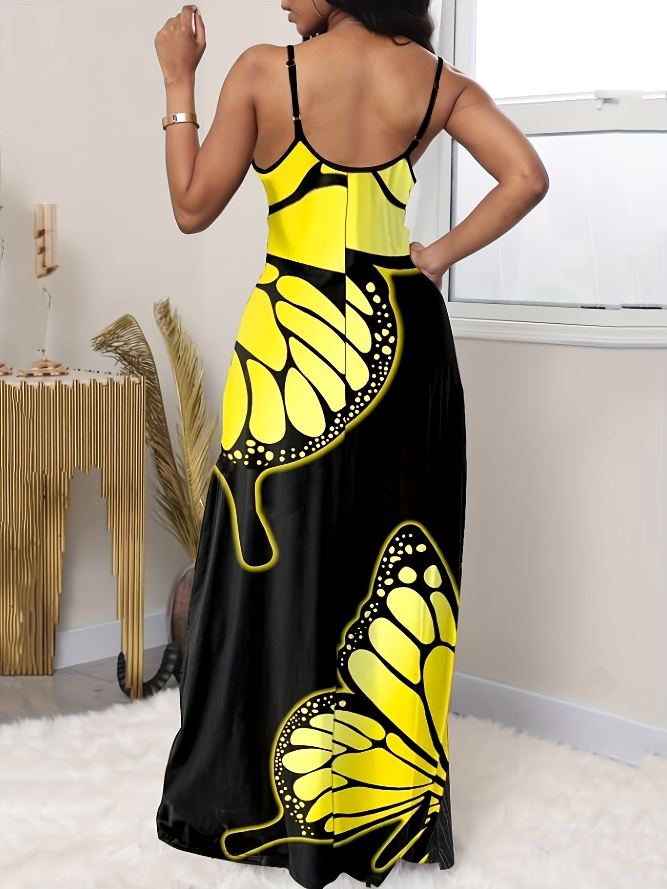 Fluttering Butterfly Print Backless Maxi Dress - Effortlessly Chic Spaghetti Strap Sleeveless Design - Womens Summer Clothing Must-Have
