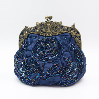 Flower Embossed Beaded Handbag, Kiss Lock Rose Elegant Clutch Bag, Vintage Style Mini Handbag