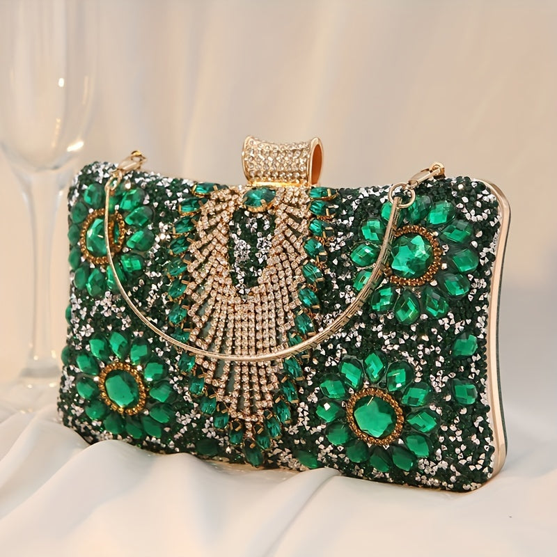 Vintage Ladies Evening Clutch With Rhinestones, PU Cocktail Handbag For Party Prom, Optional Chain Shoulder Strap