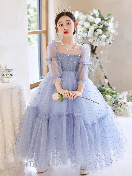 Cute Blue Flower Girls Dresses Long Sleeve Bead Princess Kids Floor Length Bridesmaid Dress Ball Girl Pageant Gown Shiny Bling Birthday Gowns 403