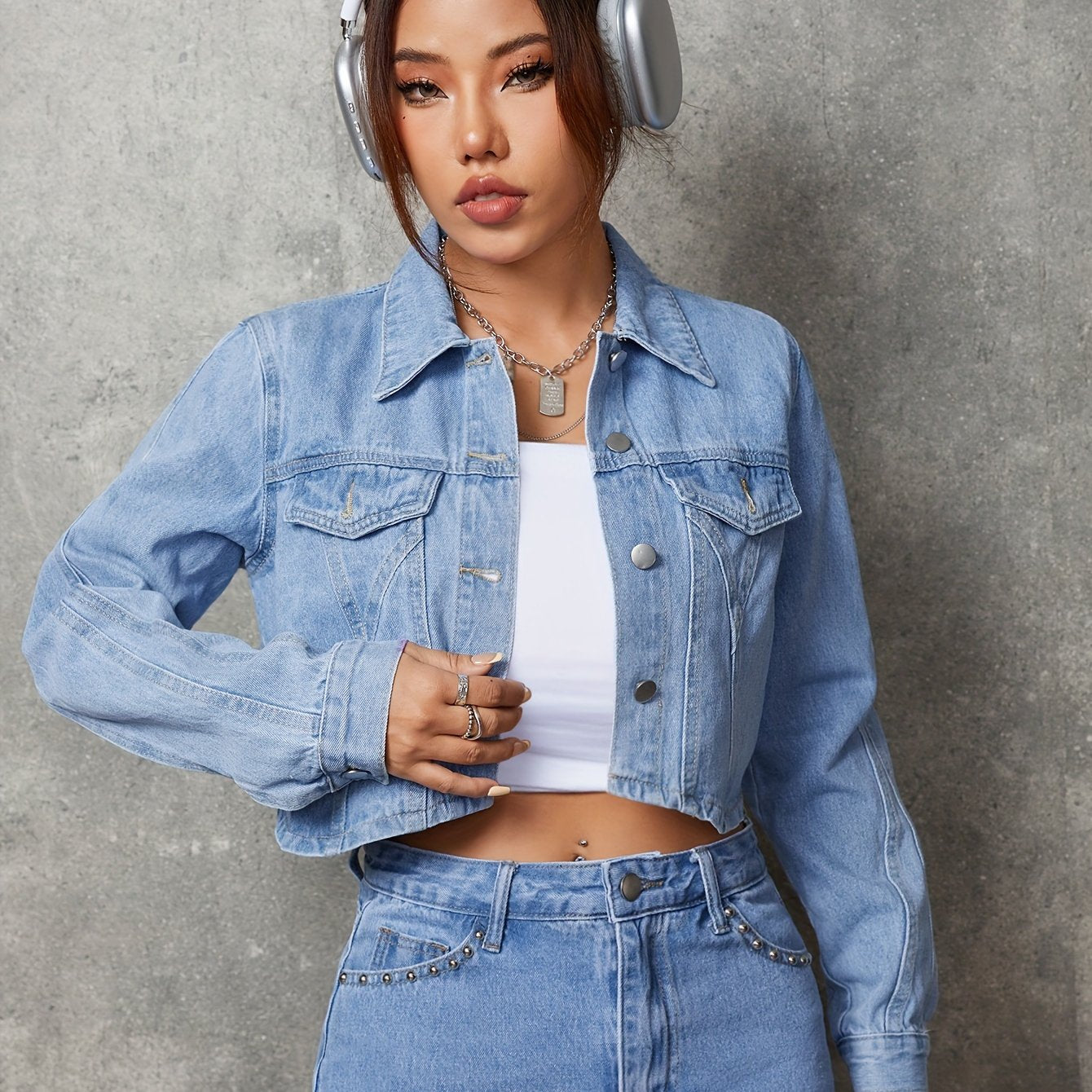 Plain Light Washed Blue Lapel Denim Top, Single-breasted Casual Denim Top, Women's Denim Jeans & Clothing