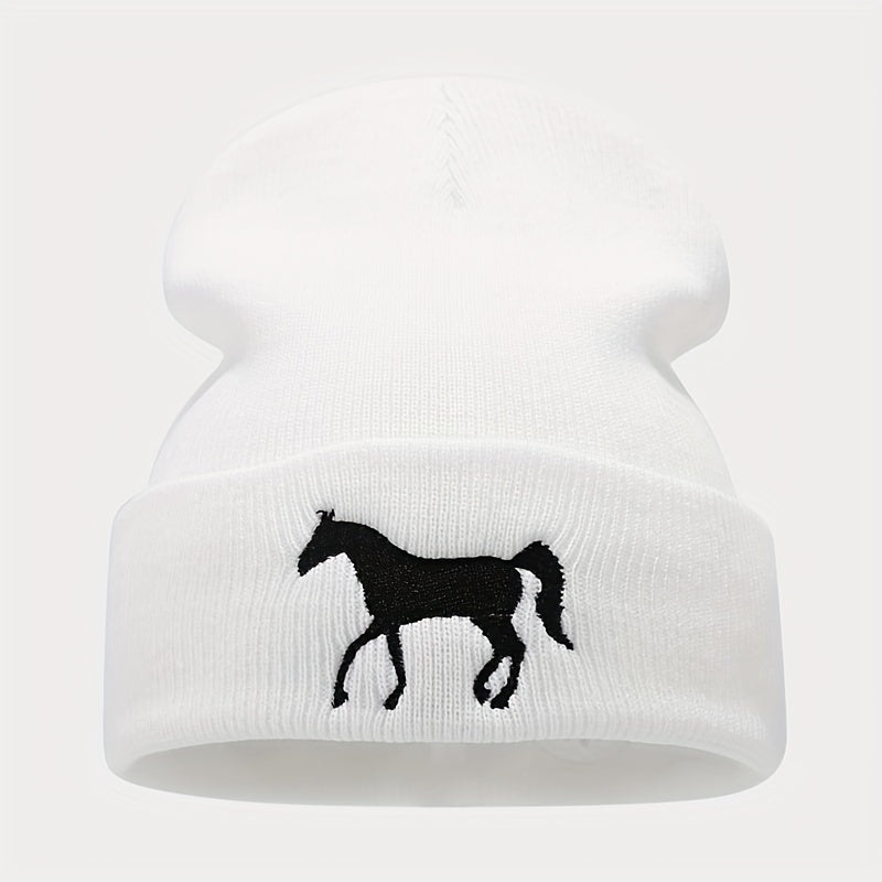 1pc Stylish Horse Embroidery Knitted Beanie Hat - Soft, Warm, and Fashionable for Men and Women Outdoor Activities - Unisex All-Match Design for Casual Wear