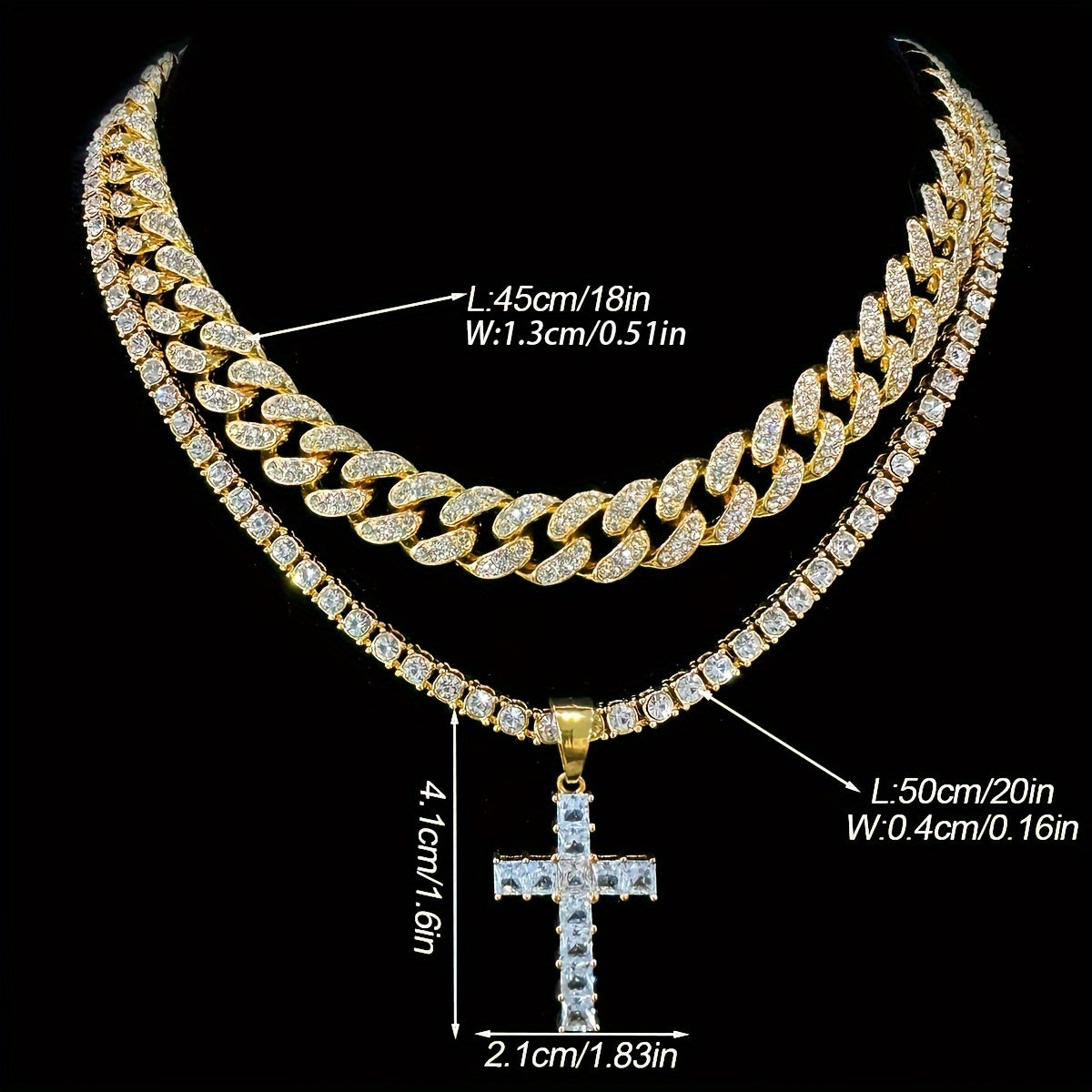 2pcs/Set Hip-hop Miami Cuban Chain Zircon Cross Necklace For Women Men Iced Out Rhinestone Rapper Punk Unisex Necklace Jewelry Gifts