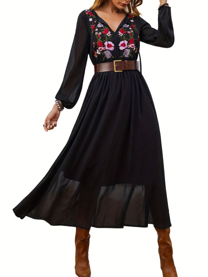 Feminine Floral Embroidered V Neck Dress - Long Sleeve Chiffon Midi for Women - Tied Detail, Flowy & Casual Style