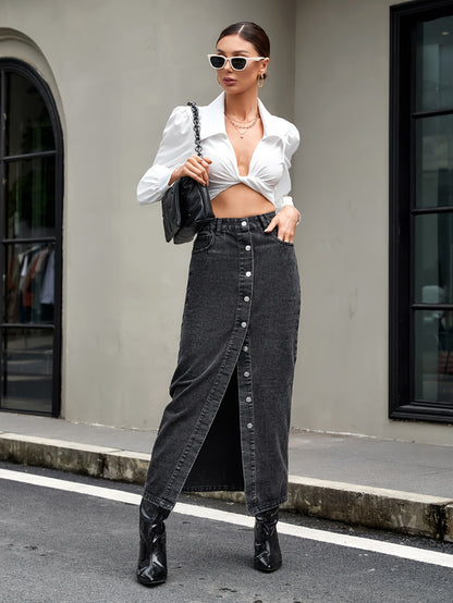 Chic High-Waist Denim Maxi Skirt - Front Single-Breasted & Slit Design - Fashionable Casual or Streetwear Style for a Flattering, Alluring Look