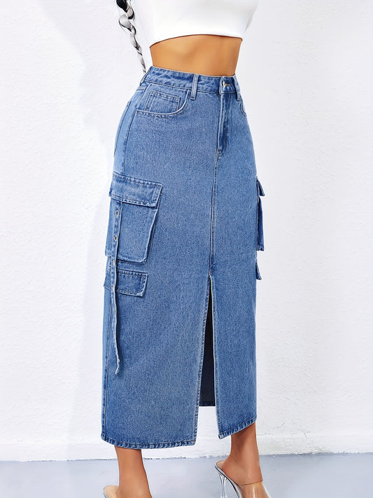 Chic Womens Denim Maxi Skirt - Stylish Utility Style with Practical Pockets, Fashionable Strap Detail, and Chic Front Split - Versatile, Comfortable, Full-Length