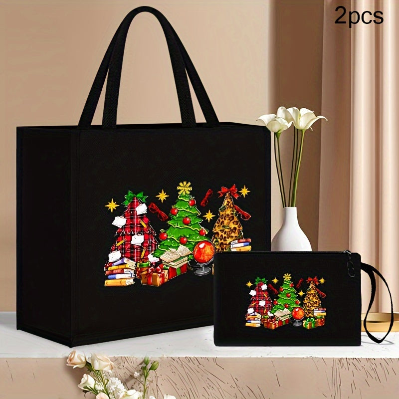 2PCS Light Linen Christmas Special Model No. 887 Printing Handbag Suit: Portable Travel Beach Bag with Cosmetic Bag